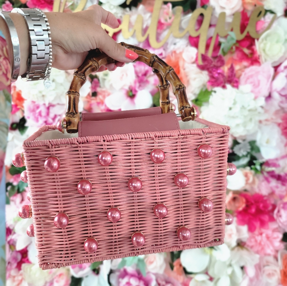 SOLD OUT COLOR!  Woven Mini Bag with Bamboo Handle